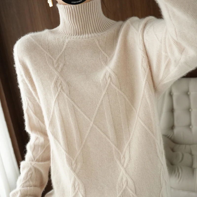 Damen Weicher Mohair‑Look Pullover mit hohem Rippkragen, Zopfmotiv und kastiger Oversize‑Passform Drune