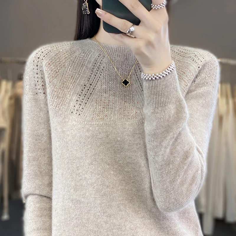 Damen Weicher Kaschmir‑Optik Feinstrickpullover mit Ajour‑Yoke und Paillettenbesatz Drune