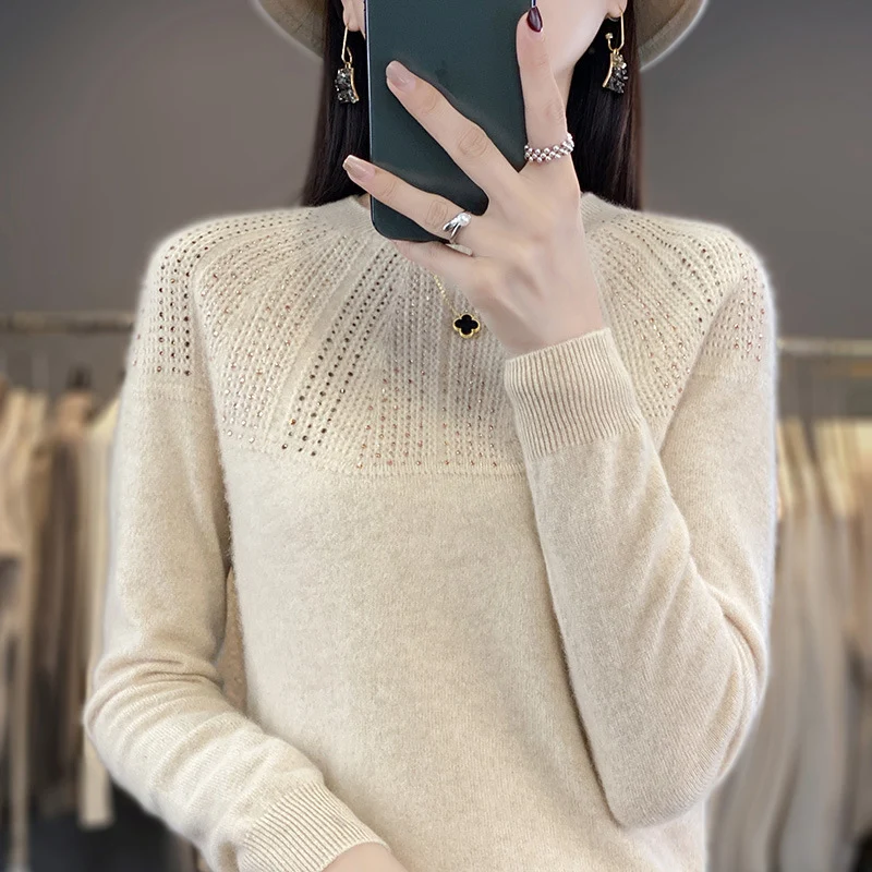 Damen Weicher Kaschmir‑Optik Feinstrickpullover mit Ajour‑Yoke und Paillettenbesatz Drune