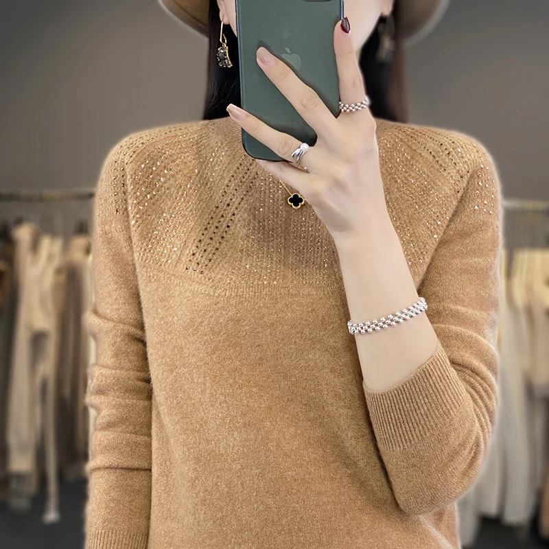 Damen Weicher Kaschmir‑Optik Feinstrickpullover mit Ajour‑Yoke und Paillettenbesatz Drune