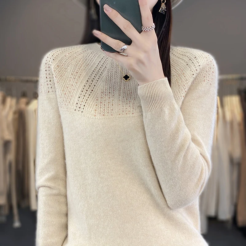 Damen Weicher Kaschmir‑Optik Feinstrickpullover mit Ajour‑Yoke und Paillettenbesatz Drune