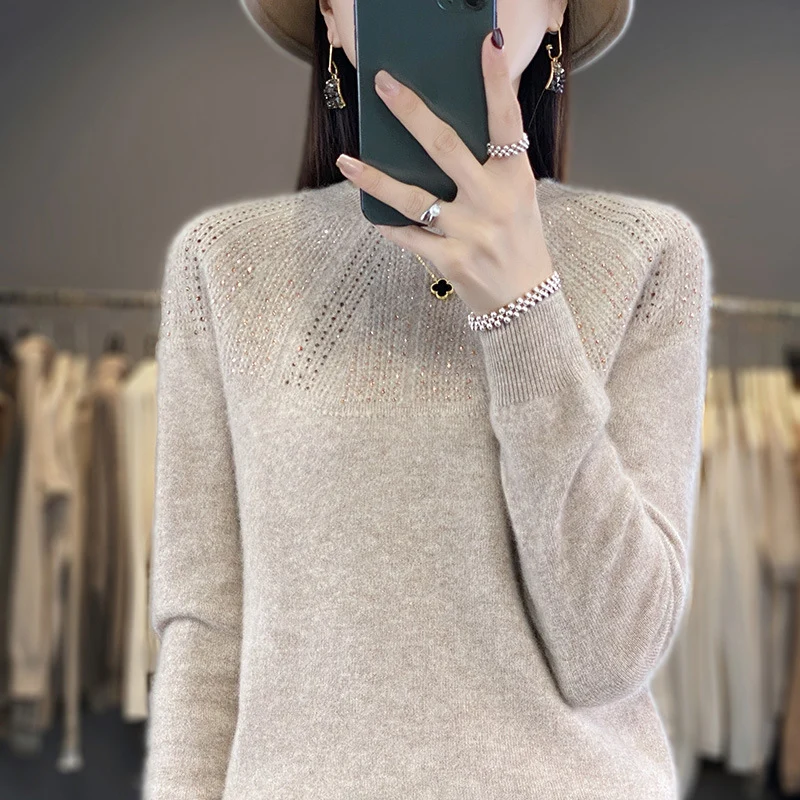 Damen Weicher Kaschmir‑Optik Feinstrickpullover mit Ajour‑Yoke und Paillettenbesatz Drune