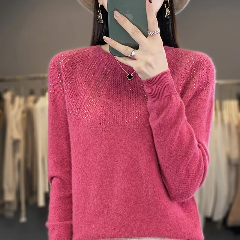 Damen Weicher Kaschmir‑Optik Feinstrickpullover mit Ajour‑Yoke und Paillettenbesatz Drune