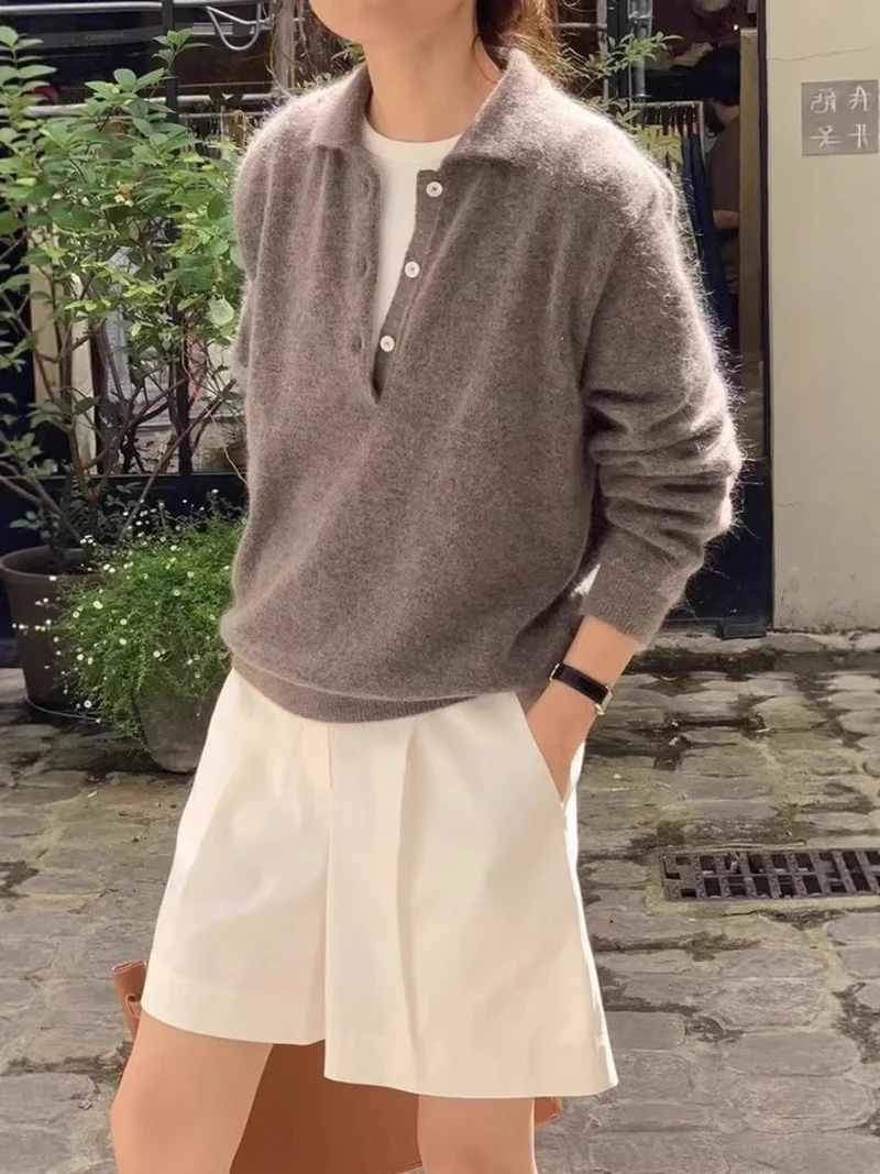 Damen Weicher Kapuzenpullover im Mohair‑Look mit tiefem V‑Ausschnitt und halber Knopfleiste Drune