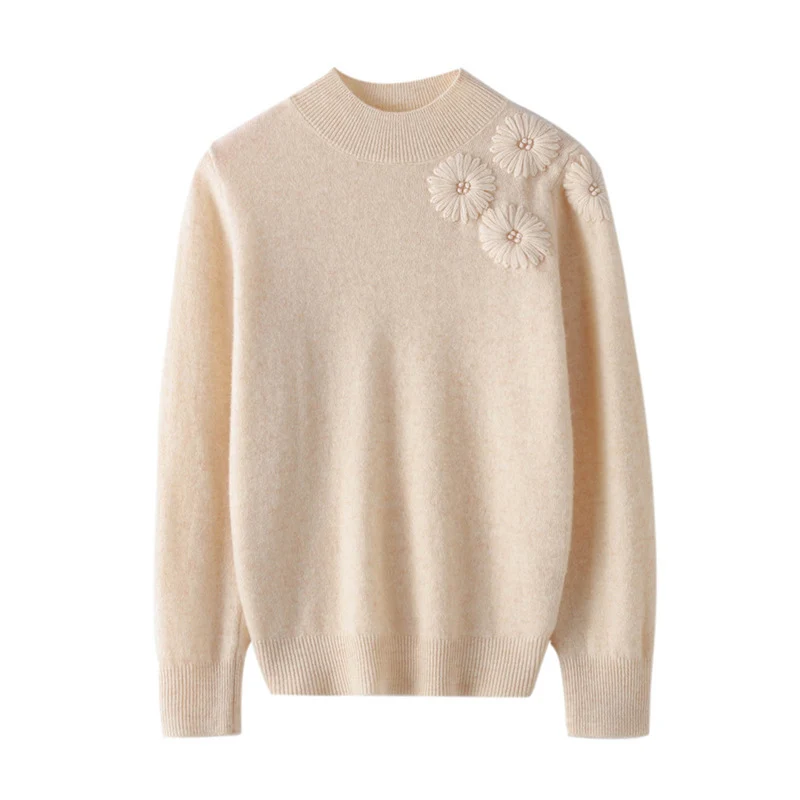 Damen Weicher Feinstrickpullover mit kurzem Stehkragen, 3D‑Blütenapplikation und gerippten Bündchen Drune