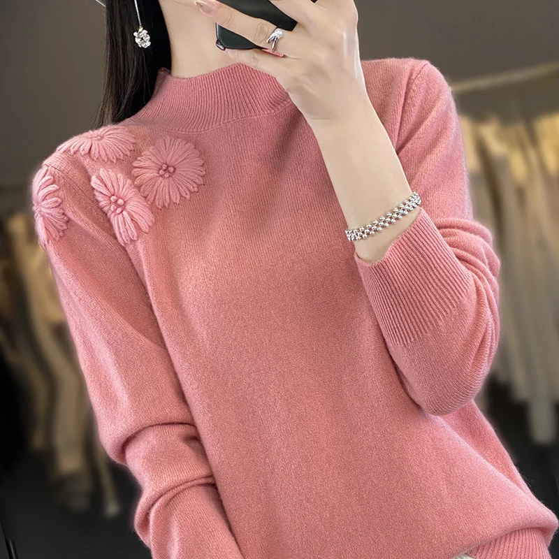 Damen Weicher Feinstrickpullover mit kurzem Stehkragen, 3D‑Blütenapplikation und gerippten Bündchen Drune