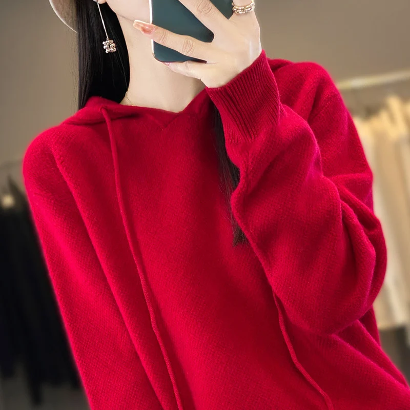 Damen weicher Feinstrick‑Kapuzensweater mit melierter Struktur und gerippten Bündchen Drune