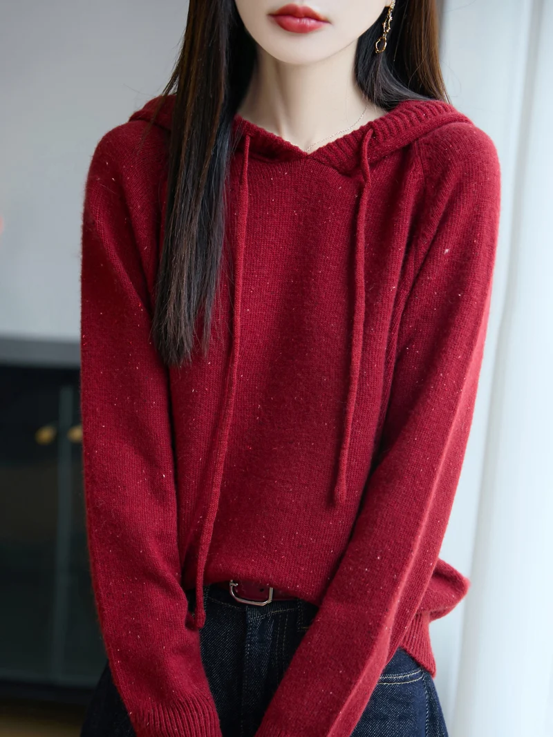 Damen Weicher Feinstrick-Kapuzenpullover mit Nep‑Garn und gerippten Bündchen Drune
