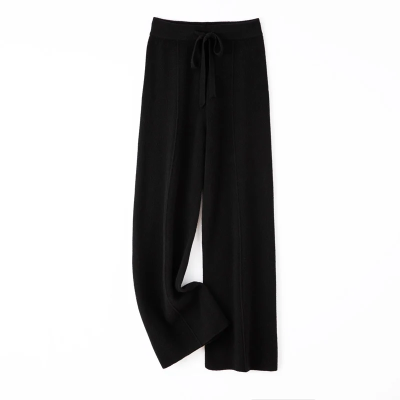 Damen Weiche Strickhose mit weitem Bein, Tunnelzugbund und dekorativer Mittelnaht Drune