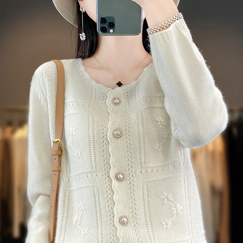 Damen Verzierter Strickcardigan mit Perlenknöpfen und Ajour‑Stickerei Drune
