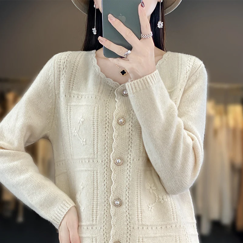 Damen Verzierter Strickcardigan mit Perlenknöpfen und Ajour‑Stickerei Drune