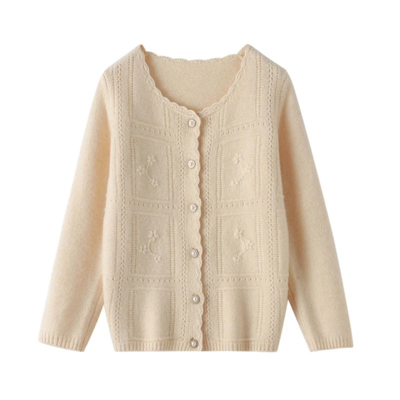Damen Verzierter Strickcardigan mit Perlenknöpfen und Ajour‑Stickerei Drune