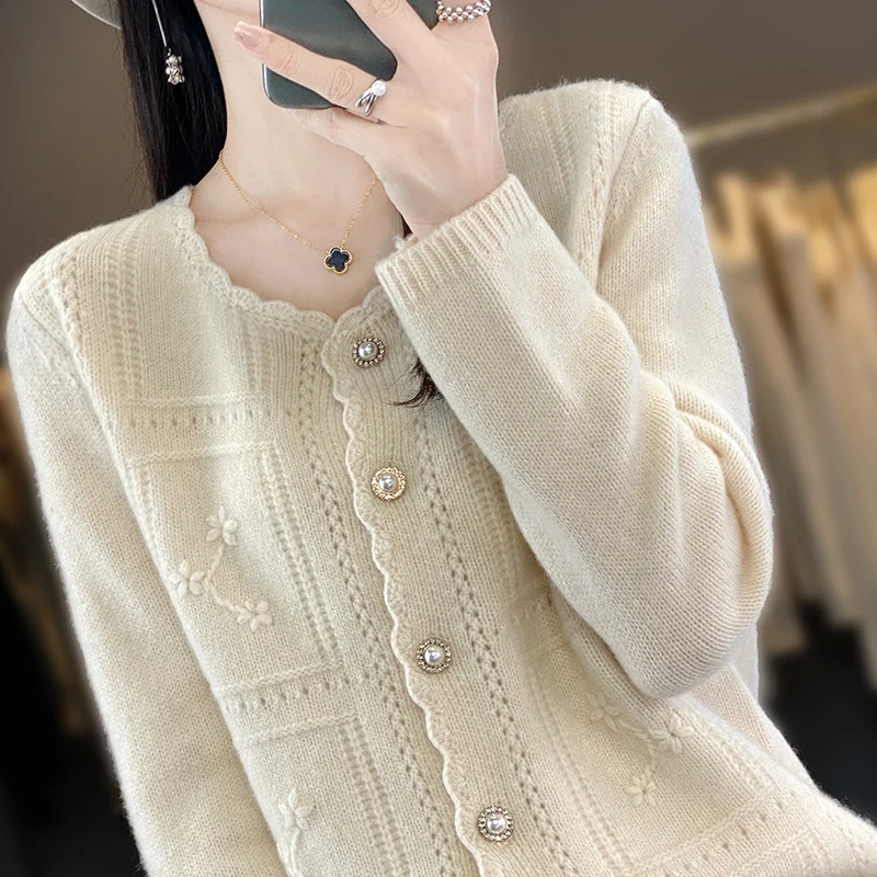 Damen Verzierter Strickcardigan mit Perlenknöpfen und Ajour‑Stickerei Drune