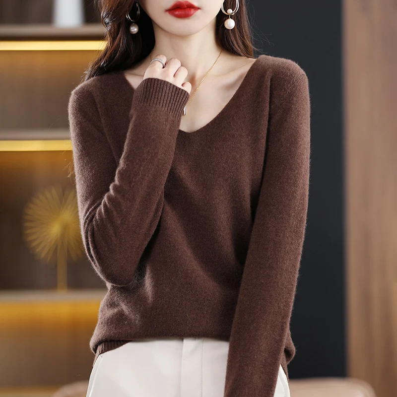 Damen V-Ausschnitt Pullover in Kaschmir-Optik mit legerem Schnitt und Rippbündchen Drune