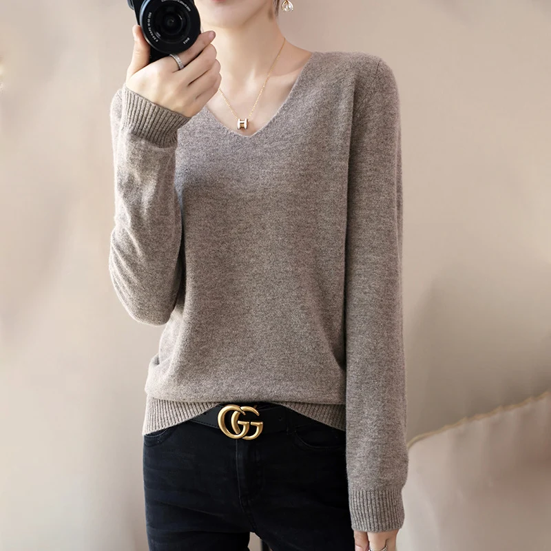 Damen V-Ausschnitt Pullover in Kaschmir-Optik mit legerem Schnitt und Rippbündchen Drune