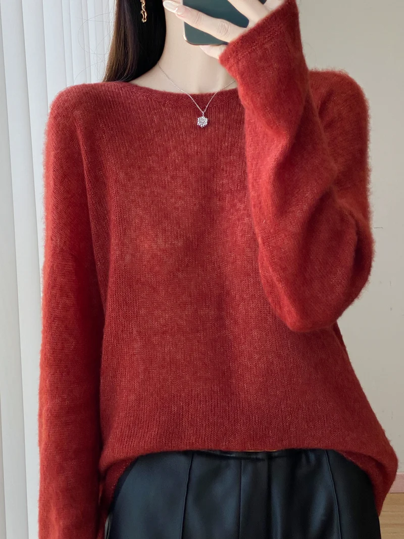 Damen Ultraleichter Mohair‑Look Oversize-Pullover mit U-Boot-Ausschnitt und überschnittener Schulter Drune