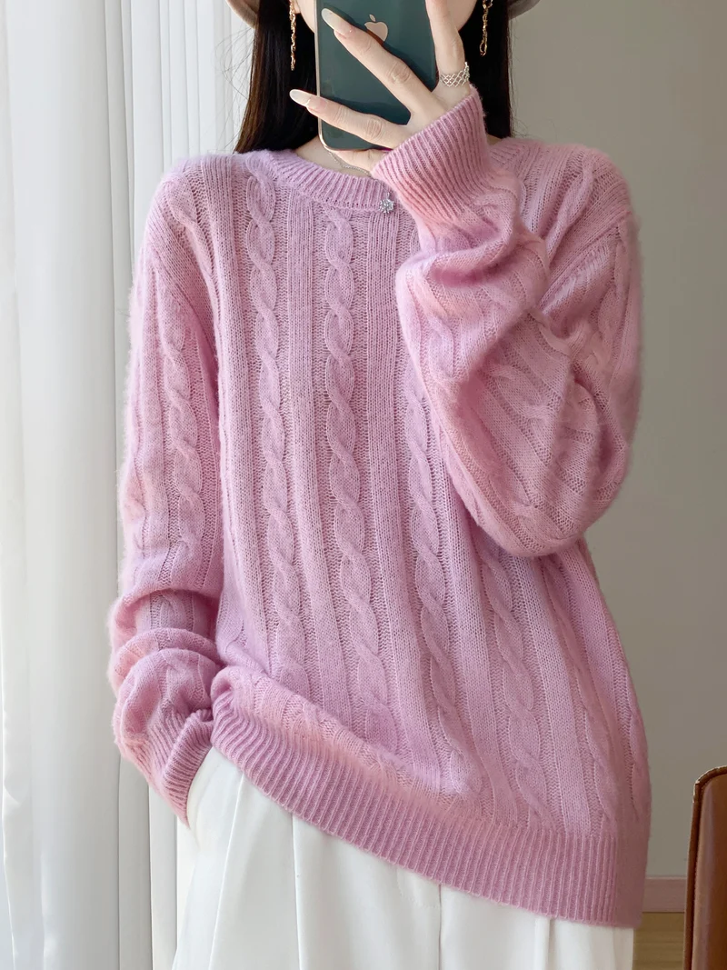 Damen Übergrößen Zopfmuster-Pullover im Mohair-Look mit geripptem Saum Drune