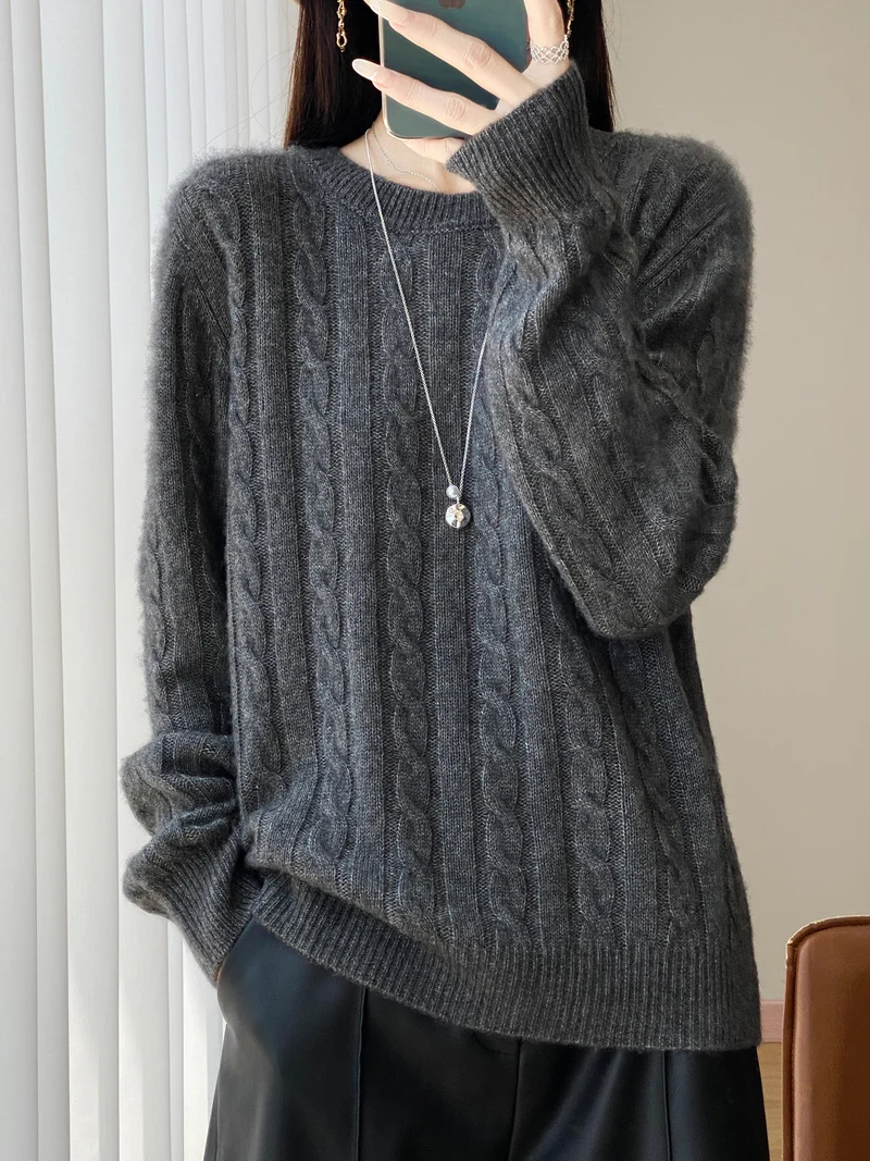 Damen Übergrößen Zopfmuster-Pullover im Mohair-Look mit geripptem Saum Drune