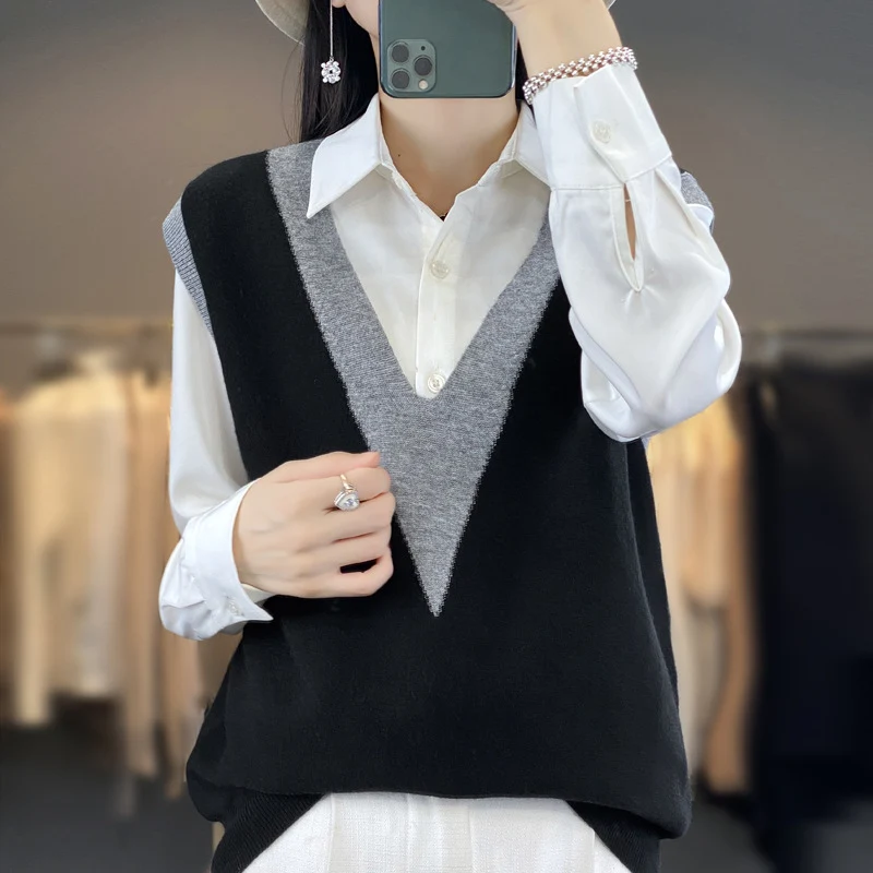 Damen Strukturiertes Feinstrick-Longvest mit tiefem V-Ausschnitt und kontrastierendem V-Paneel Drune