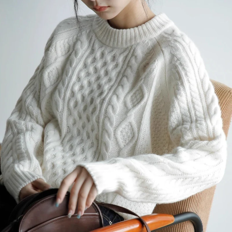 Damen Strukturierter Zopfmuster-Pullover aus Merino-Mix mit gerippten Abschlüssen und kastiger Passform Drune