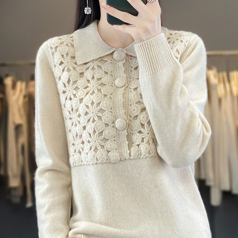 Damen Strickpullover mit gehäkelter Ajour‑Blende und Polokragen Drune
