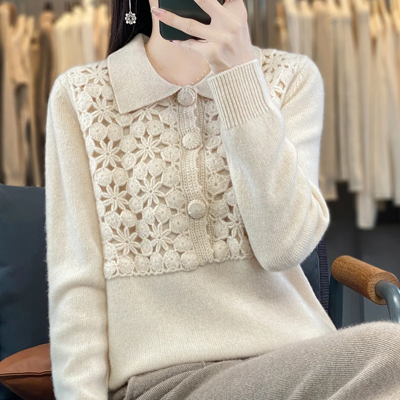 Damen Strickpullover mit gehäkelter Ajour‑Blende und Polokragen Drune