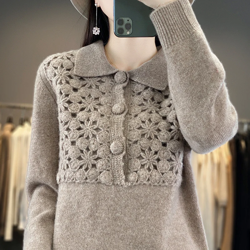Damen Strickpullover mit gehäkelter Ajour‑Blende und Polokragen Drune