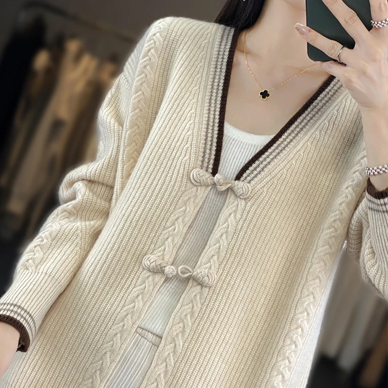 Damen Strickcardigan mit Zopfmuster und dekorativen Knotenverschlüssen Drune