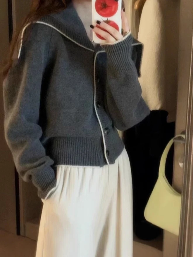 Damen Strickcardigan mit übergroßem Matrosenkragen und kontrastkante Drune