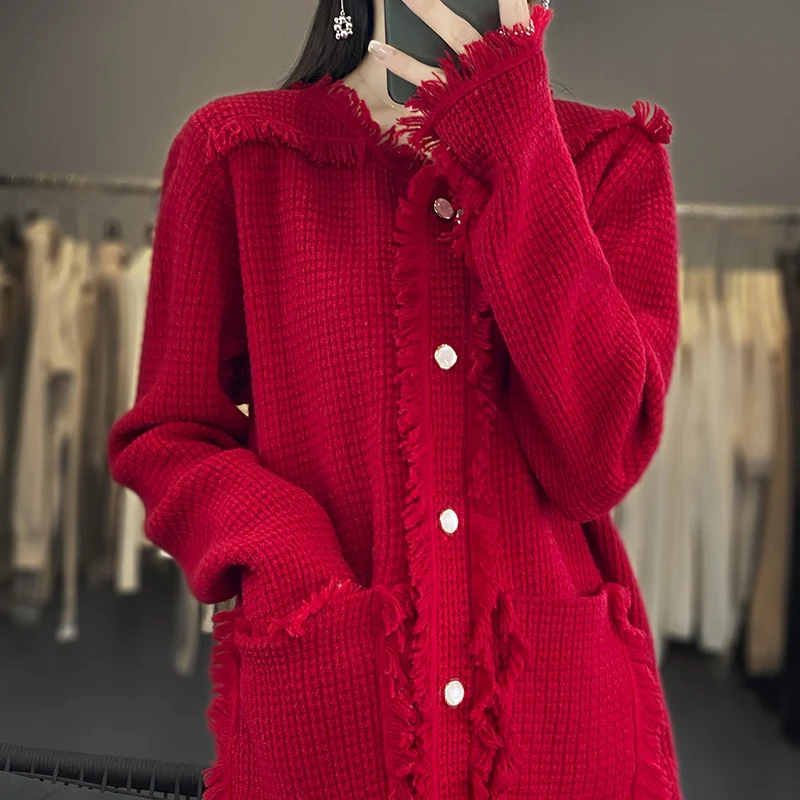 Damen Strickcardigan mit Fransenblende, Perlmuttknopfleiste und aufgesetzten Taschen Drune