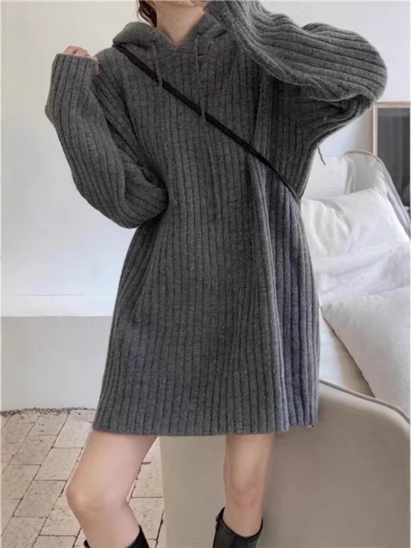 Damen Strick‑Kapuzenkleid mit gerippter Struktur und oversized Silhouette Drune