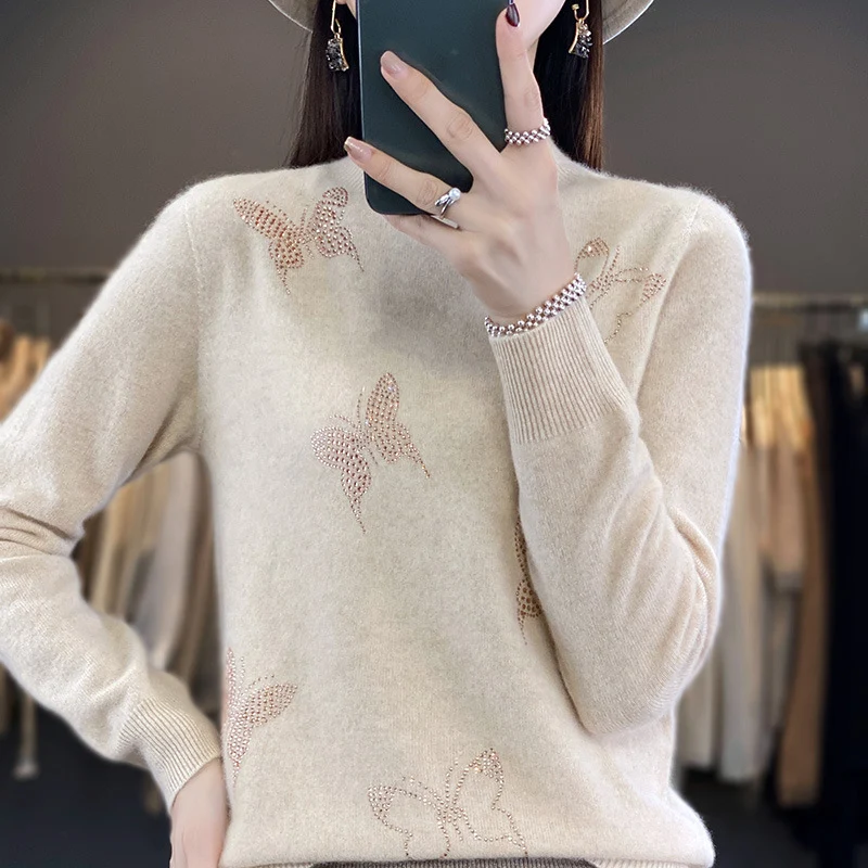 Damen Stehkragen-Feinstrickpullover mit Strass-Schmetterlingsapplikation Drune
