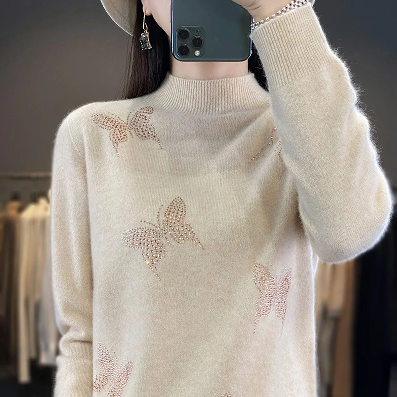 Damen Stehkragen-Feinstrickpullover mit Strass-Schmetterlingsapplikation Drune