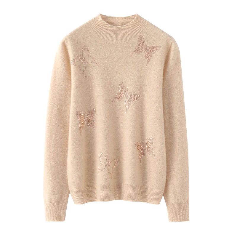 Damen Stehkragen-Feinstrickpullover mit Strass-Schmetterlingsapplikation Drune
