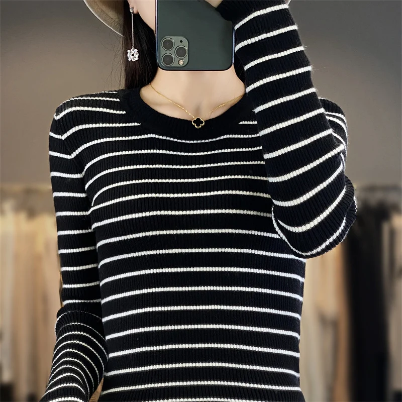 Damen Schmal geschnittener Feinstrick-Pullover mit dezenter Streifenstruktur und Rundhals Drune
