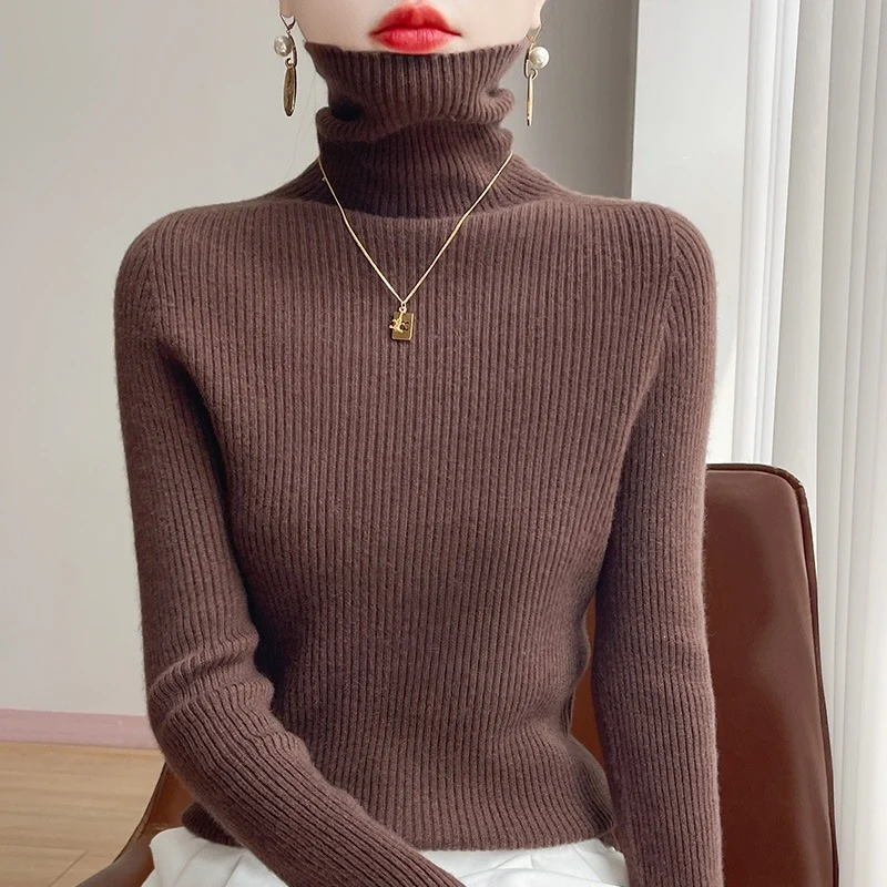 Damen Schlanker Rippenstrick-Rollkragenpullover mit gerafftem Hals und kaschmirähnlicher Haptik Drune