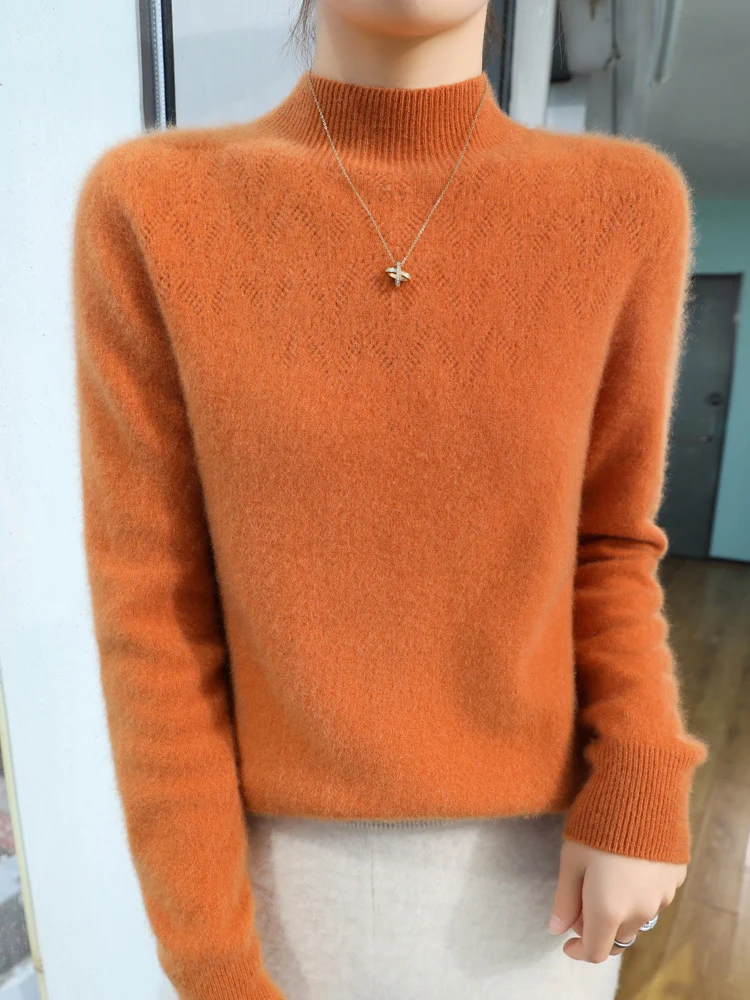 Damen Schlanker minimalistischer Stehkragen-Feinstrickpullover mit geripptem Hals Drune