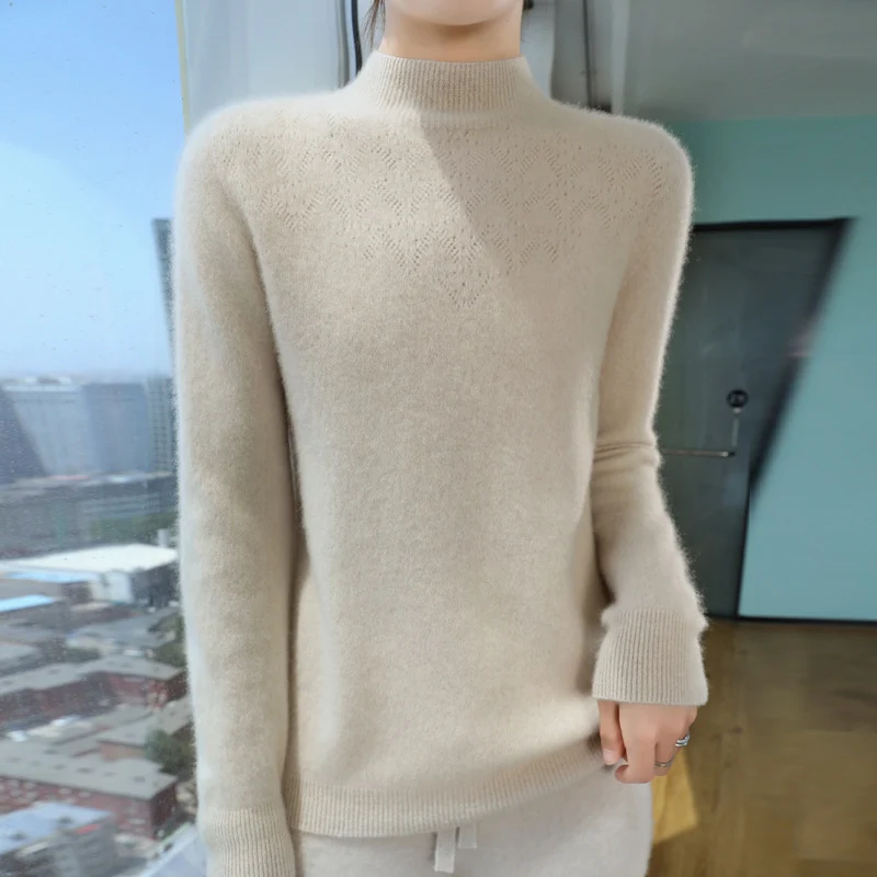 Damen Schlanker minimalistischer Stehkragen-Feinstrickpullover mit geripptem Hals Drune