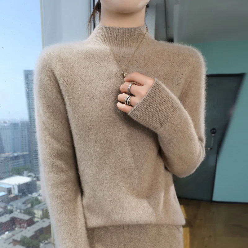 Damen Schlanker minimalistischer Stehkragen-Feinstrickpullover mit geripptem Hals Drune