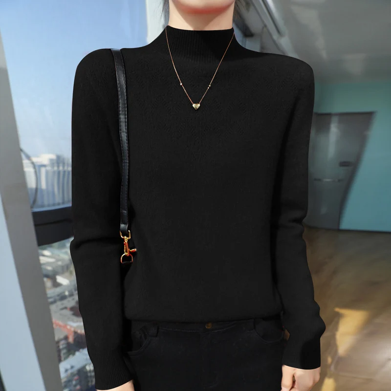 Damen Schlanker minimalistischer Stehkragen-Feinstrickpullover mit geripptem Hals Drune