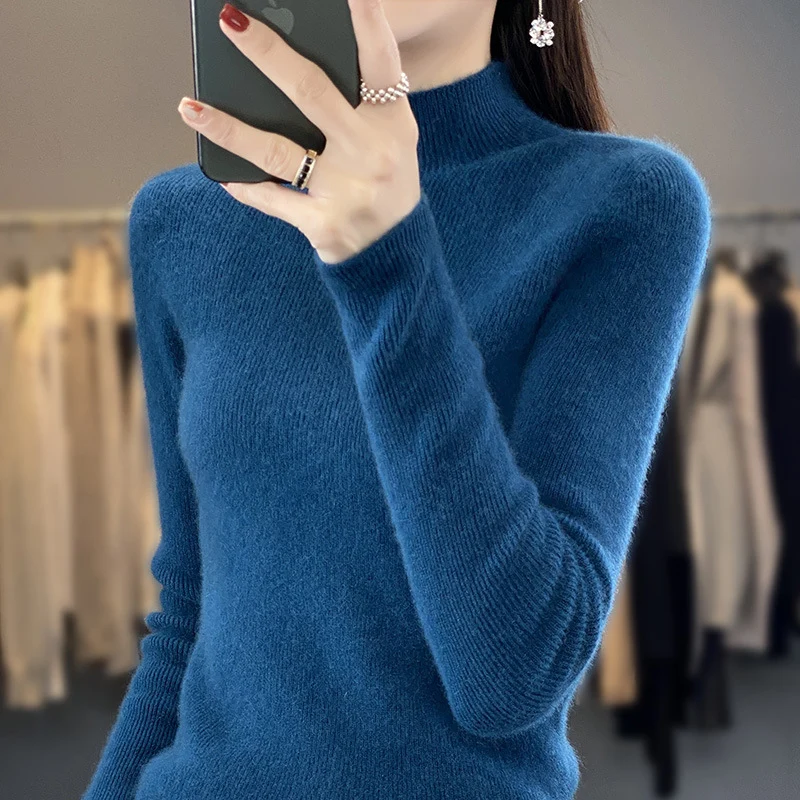 Damen Schlanker Feinstrick-Mockneckpullover aus feinem Angora‑Mix Drune
