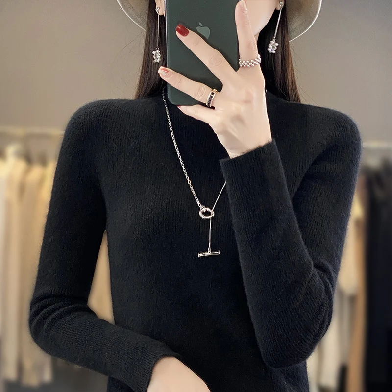 Damen Schlanker Feinstrick-Mockneckpullover aus feinem Angora‑Mix Drune