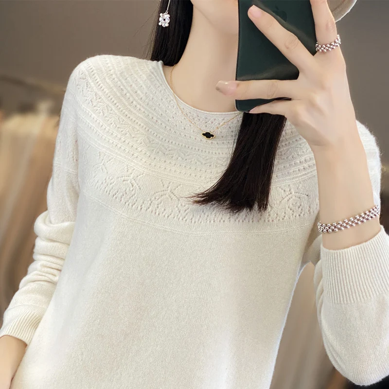 Damen Rundhals-Feinstrickpullover mit strukturierter Passe und Kaschmir-Optik Drune