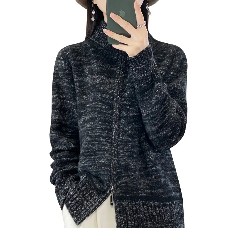 Damen Reißverschluss‑Strickjacke mit melierter Struktur und Stehkragen Drune