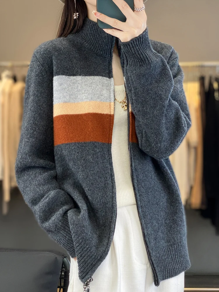 Damen Reißverschluss-Strickcardigan aus weichem Wollmix mit Blockstreifen und geripptem Saum Drune