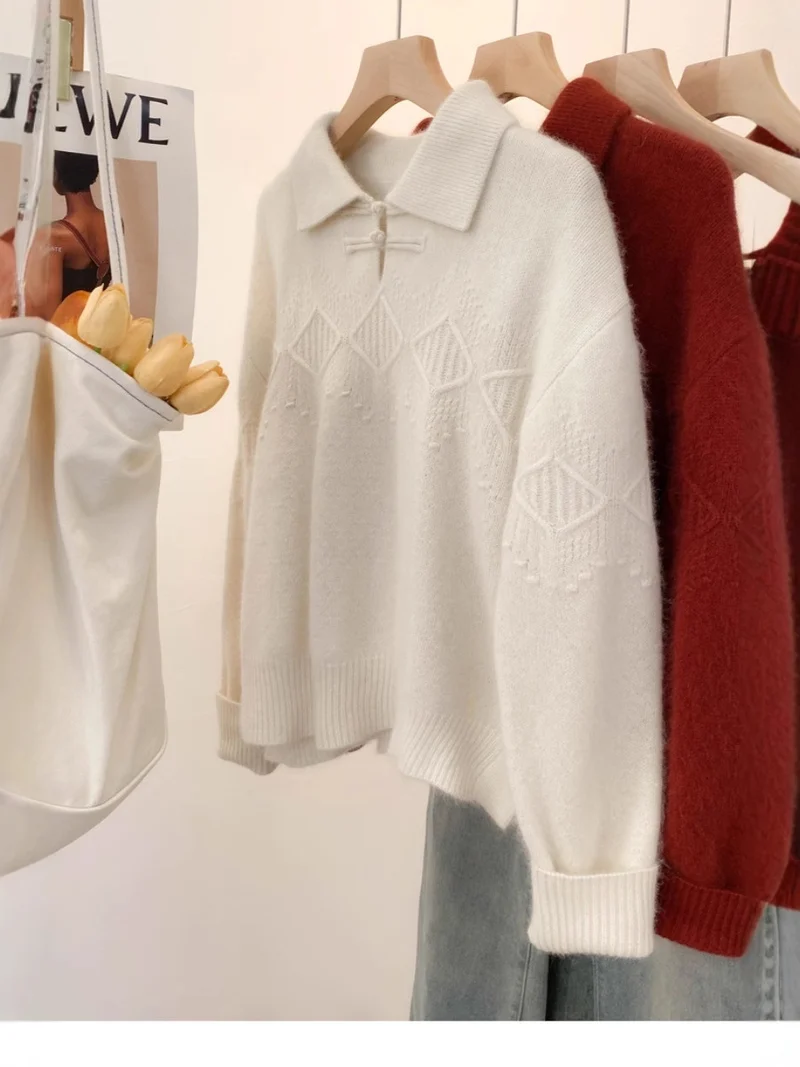 Damen Polokragen-Pullover im Mohair‑Look mit Ajour‑Zopfmuster, überschnittener Schulter und weiter Silhouette Drune