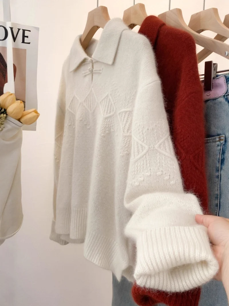 Damen Polokragen-Pullover im Mohair‑Look mit Ajour‑Zopfmuster, überschnittener Schulter und weiter Silhouette Drune