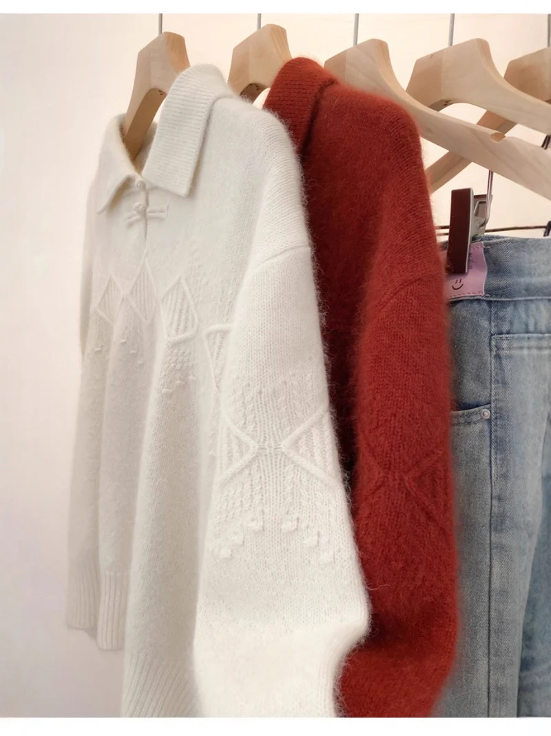 Damen Polokragen-Pullover im Mohair‑Look mit Ajour‑Zopfmuster, überschnittener Schulter und weiter Silhouette Drune