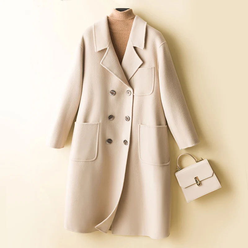 Damen Oversized Doppelreiher Wollmix‑Mantel mit aufgesetzten Taschen Drune