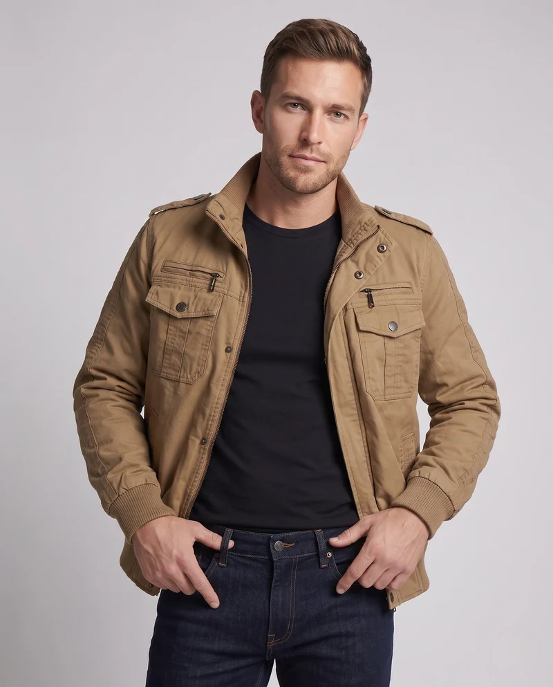 Herren Kurzschnitt Canvas Blouson mit Stehkragen und Multifunktionstaschen Drune